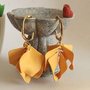 Yellow Petal Drop Earrings Gold Tone Hoop Statement Floral Botanical Jewelry